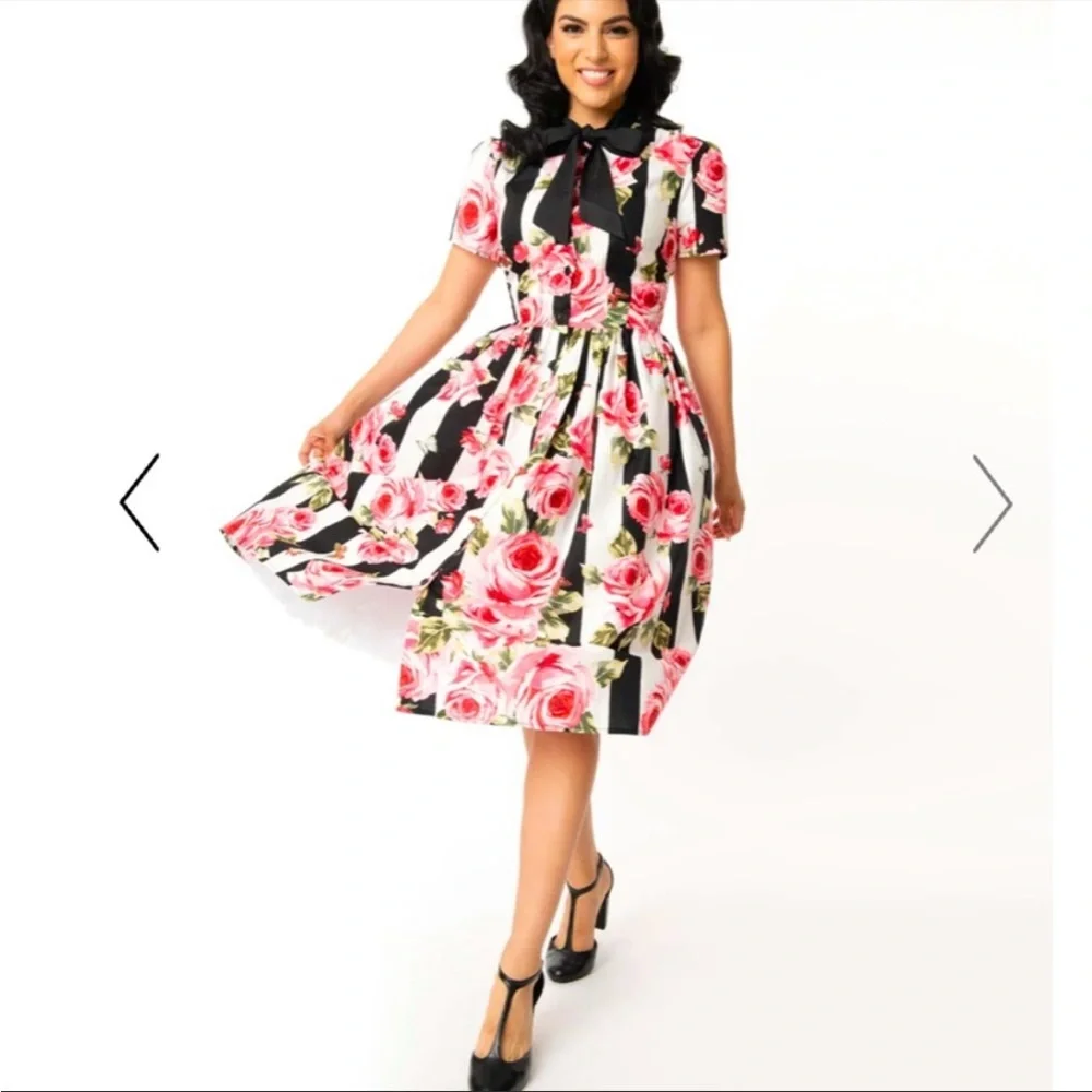 Unique Vintage Cora Swing Dress Black and White Stripe Pink Roses LARGE